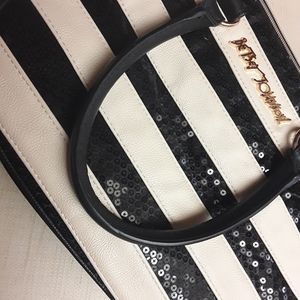 Betsey Johnson Black White Sequin Stripe Round Dome Bag Purse Medium EUC Cute